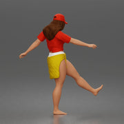 Surfer woman practices balancing in her shirt cap and skirt - Only-Games
