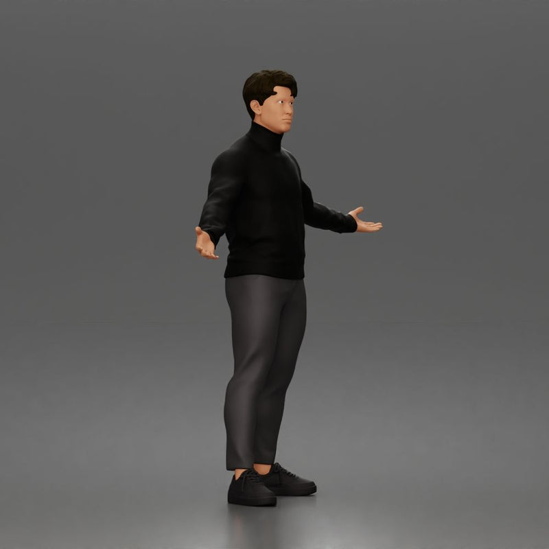 Casual presenter man character open arms pose in turtleneck sweater outfit - Only-Games