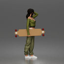 Skater woman holding skateboard wearing crop top baggy pants sneakers