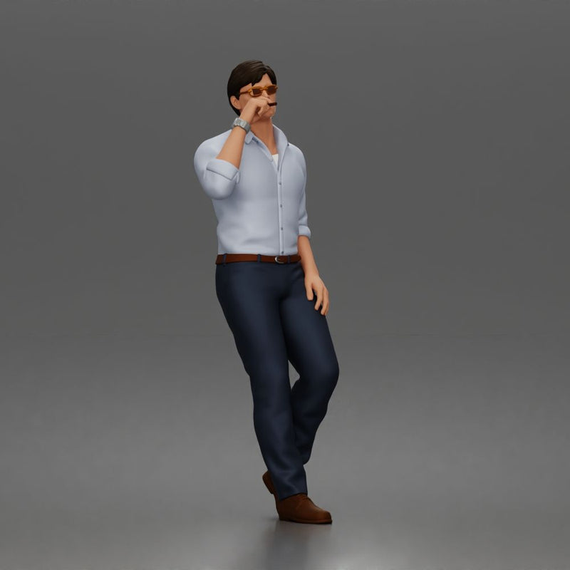 man smoking wearing sunglasses collared shirt trousers leather shoes