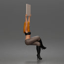 Woman Holding Blank Sign Overhead Seated Pose Crop Top Leggings Thigh High Boots