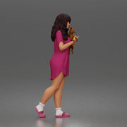 Pet lover woman cuddles tiny pup wearing comfy nightshirt socks slippers - Only-Games