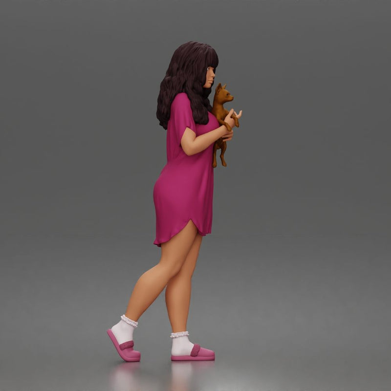 Pet lover woman cuddles tiny pup wearing comfy nightshirt socks slippers - Only-Games