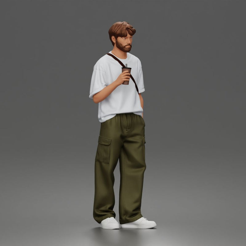 Casual Coffee Drinker Posing with Shoulder Bag Cargo Pants Sneakers