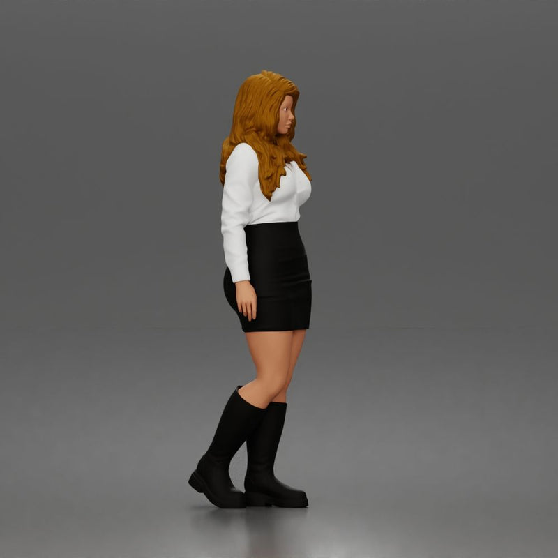 Standing Woman In Collared Shirt Mini Skirt Knee High Boots - Only-Games