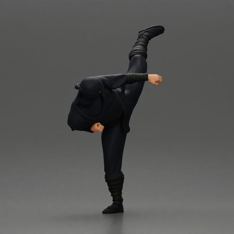 Ninja in black uniform performs high side kick with precision - Only-Games