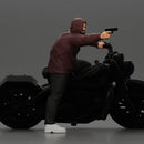 Hooded gangster man sits on motorcycle aiming a pistol with determination - Only-Games