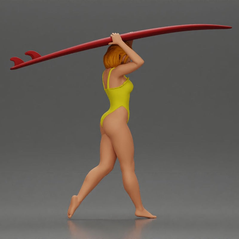 woman in yellow swimsuit carrying a red surfboard on her shoulders - Only-Games