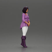 Confident woman in purple top and boots with white leggings - Only-Games