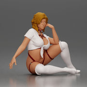 Kneeling woman poses wearing strappy harness lingerie choker garter stockings - Only-Games