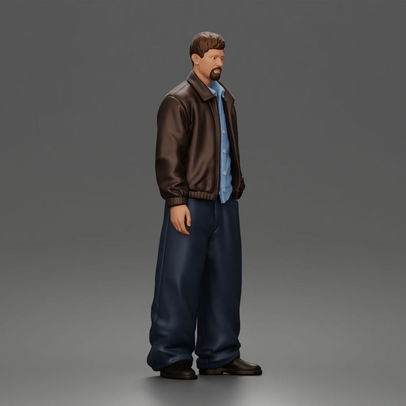 Standing In Leather Jacket Button Shirt Loose Trousers And Shoes
