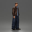 Standing In Leather Jacket Button Shirt Loose Trousers And Shoes