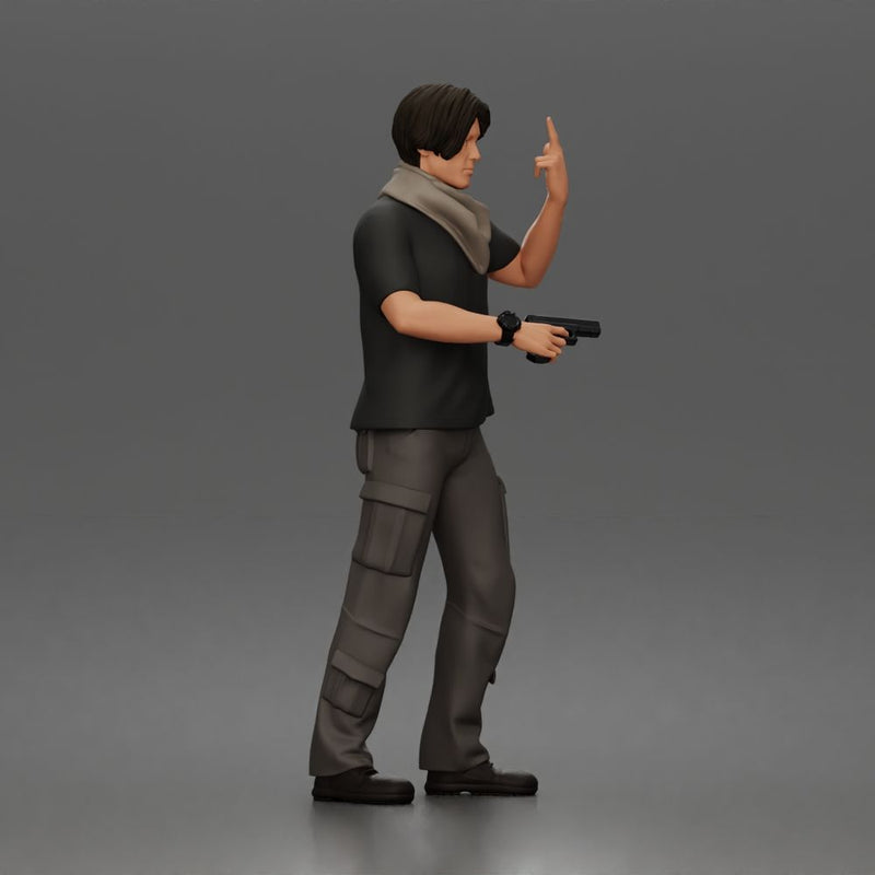 Man Standing With Handgun And Peace Sign In T-Shirt Scarf Cargo Pants And Boots