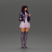 Beautiful girl standing in jacket and dress waiting for someone for a date - Only-Games