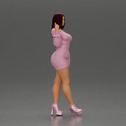 Elegant fashion model in pink mini dress and heels posing - Only-Games