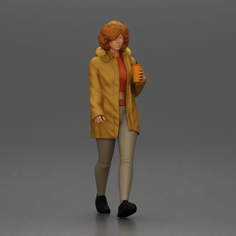 Woman walks sipping takeout drink wearing parka sweater leggings sneakers - Only-Games