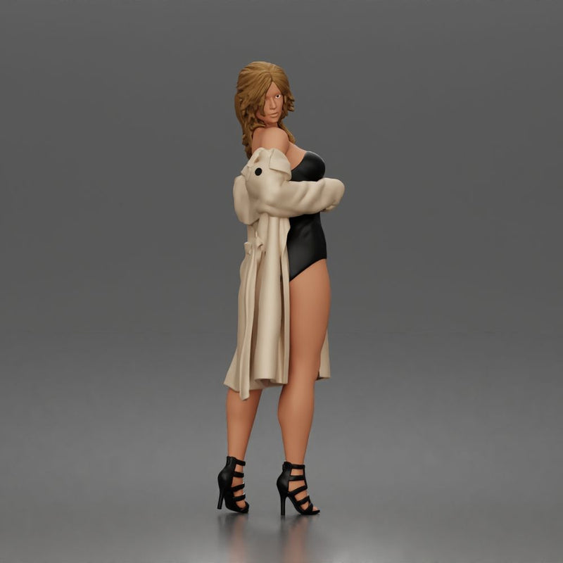 Woman Posing In Strapless Bodysuit With Long Coat And High Heel Sandals