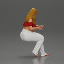 Blonde woman in red top white pants sitting applies hand cream - Only-Games