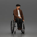 old man sitting calmly in a wheelchair, wearing a coat and a casual outfit