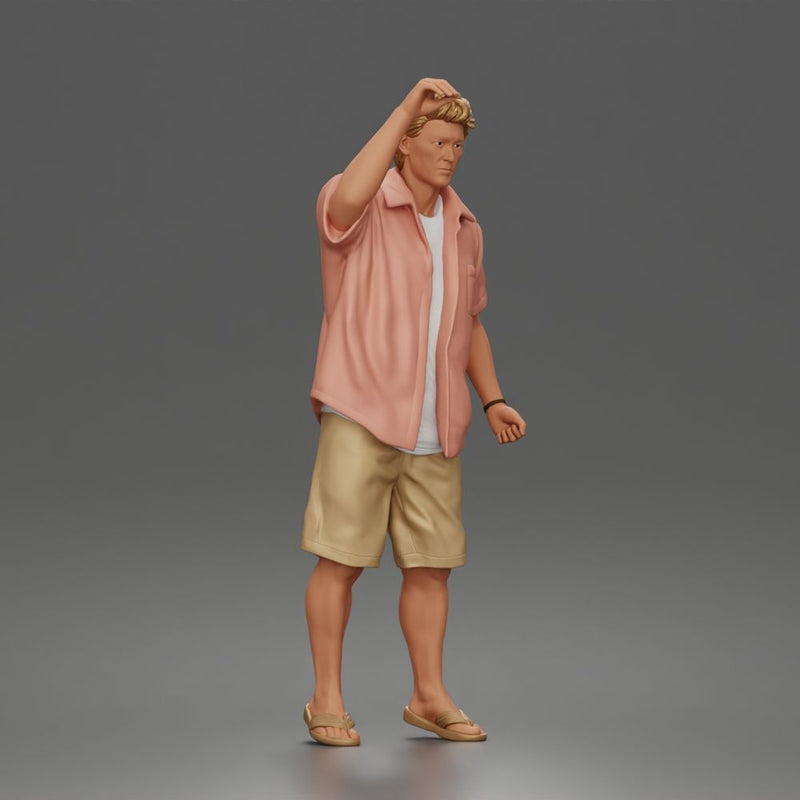Cheerful Beach Tourist Posing in Open Shirt Shorts and Sandals