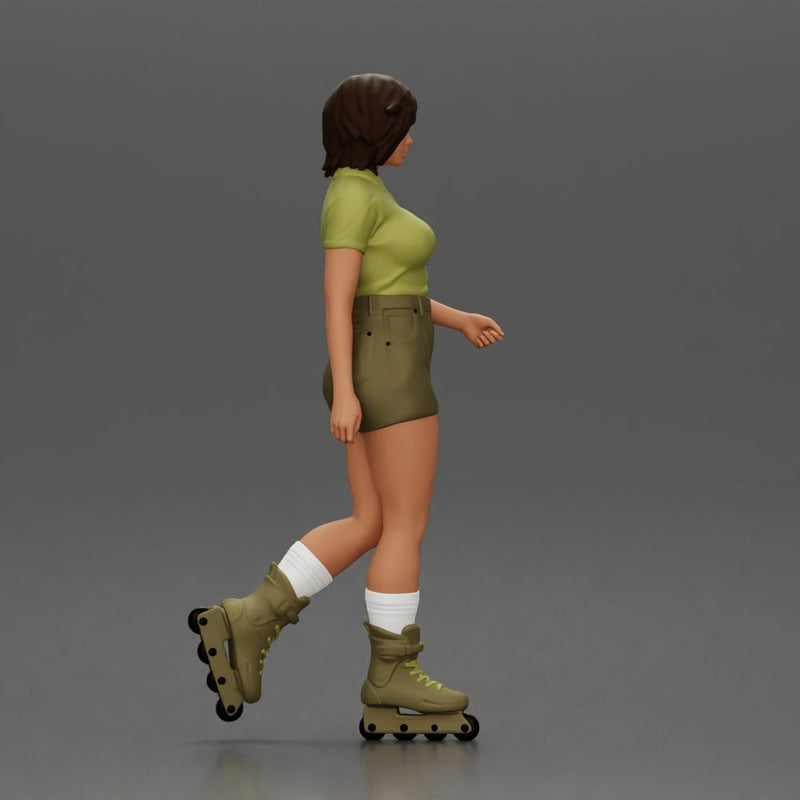 Woman in green outfit gliding smoothly on olive roller skates - Only-Games