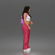 Woman strolls wearing crop top cargo pants bunny backpack sneakers - Only-Games