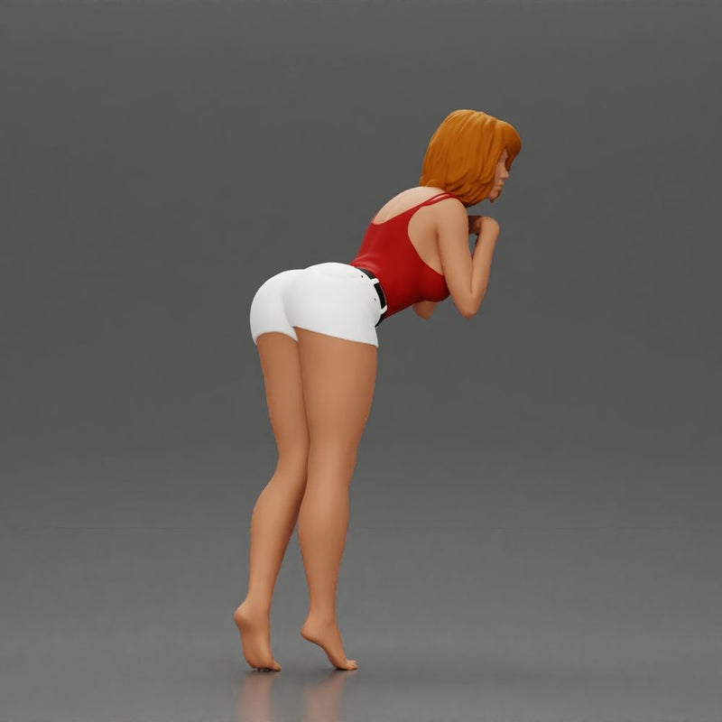 Confident Girl in Red Top and White Shorts, Posing Playfully - Only-Games