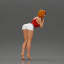 Confident Girl in Red Top and White Shorts, Posing Playfully - Only-Games