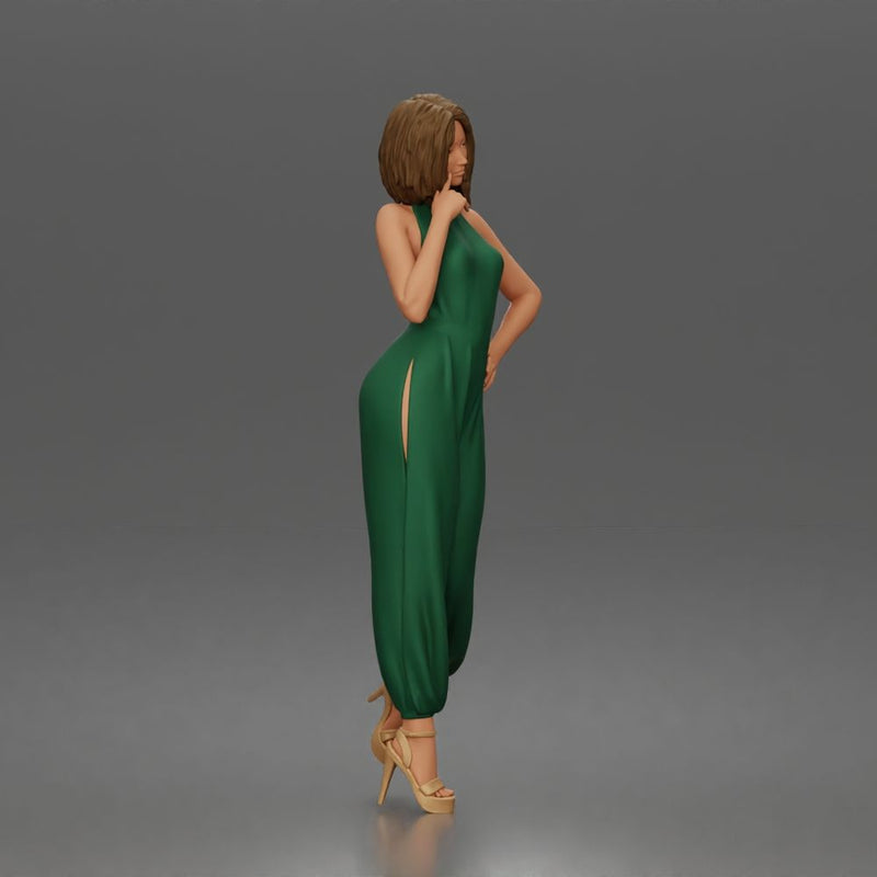 Woman poses thoughtfully lifting heel wearing halter jumpsuit with platform heels - Only-Games