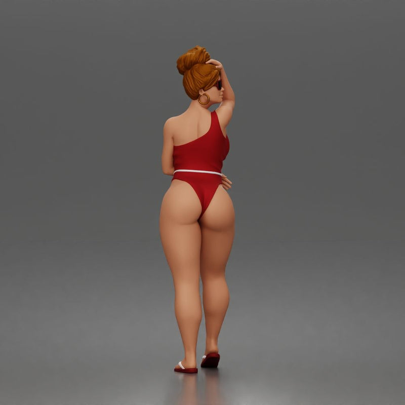 Standing woman shields eyes wearing swimsuit sunglasses earrings flip flops