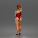Standing woman shields eyes wearing swimsuit sunglasses earrings flip flops