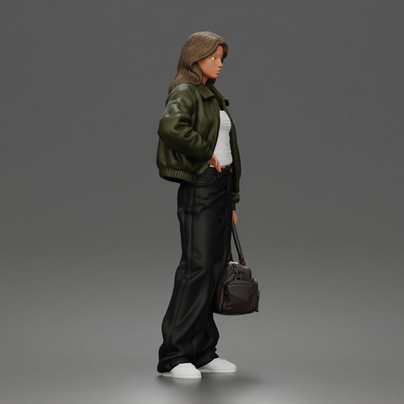 Confident Hand On Hip Poser Holding Bag Jacket Pants Sneakers