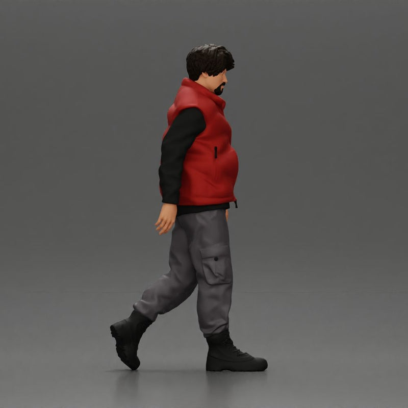 bearded man walking wearing red vest black sweater gray pants black boots - Only-Games