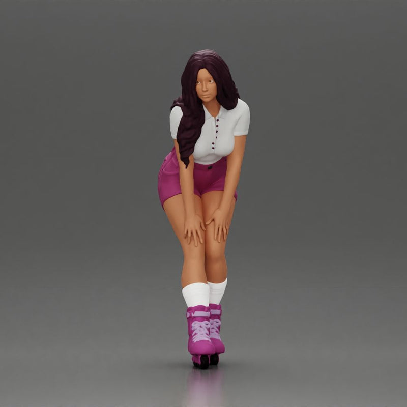 woman skating forward in pink shorts white top and purple skates - Only-Games
