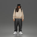 Chill Hooded Cap Walker Posing with Backpack Pants and Sneakers