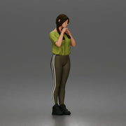 Shy casual woman standing pose in t shirt leggings sneakers - Only-Games
