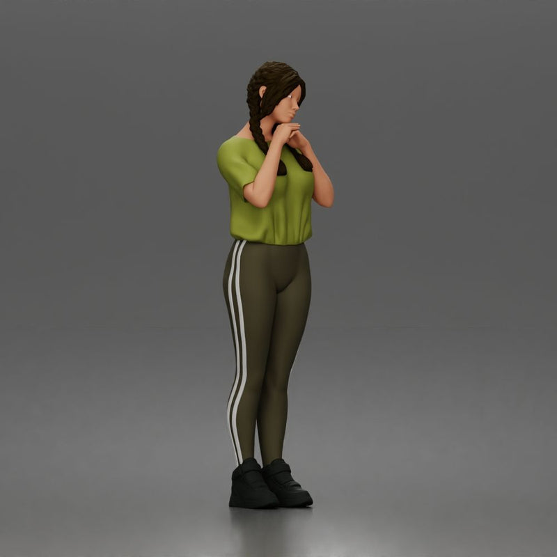 Shy casual woman standing pose in t shirt leggings sneakers - Only-Games