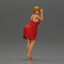 Barefoot woman in red nighty dress strikes a graceful elegant pose - Only-Games