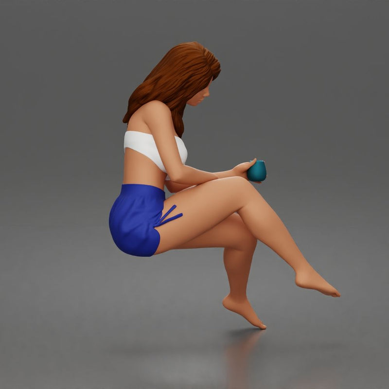 Relaxed woman sips morning coffee wearing summer top and shorts 1-24 - Only-Games