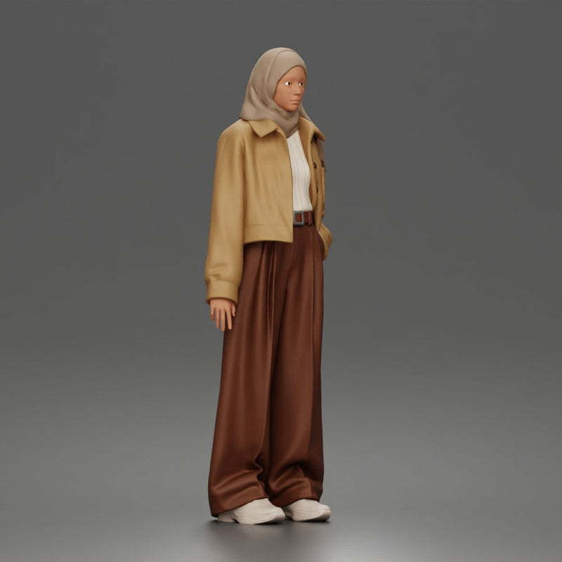 Relaxed Hijab Stander Posing in Jacket Shirt Pants and Sneakers
