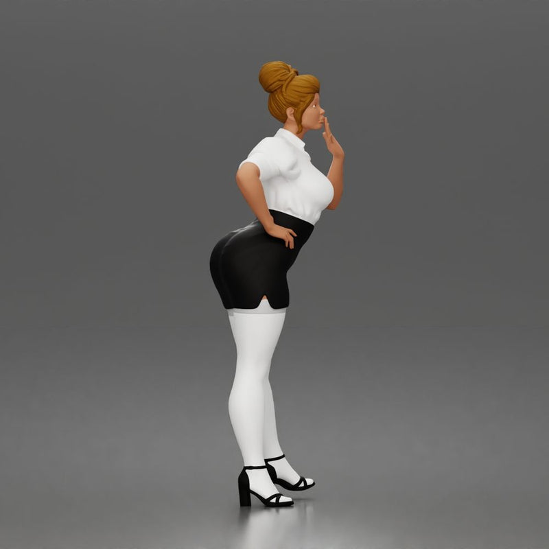 Secretary blows kiss wearing buttoned blouse pencil skirt stockings heels - Only-Games