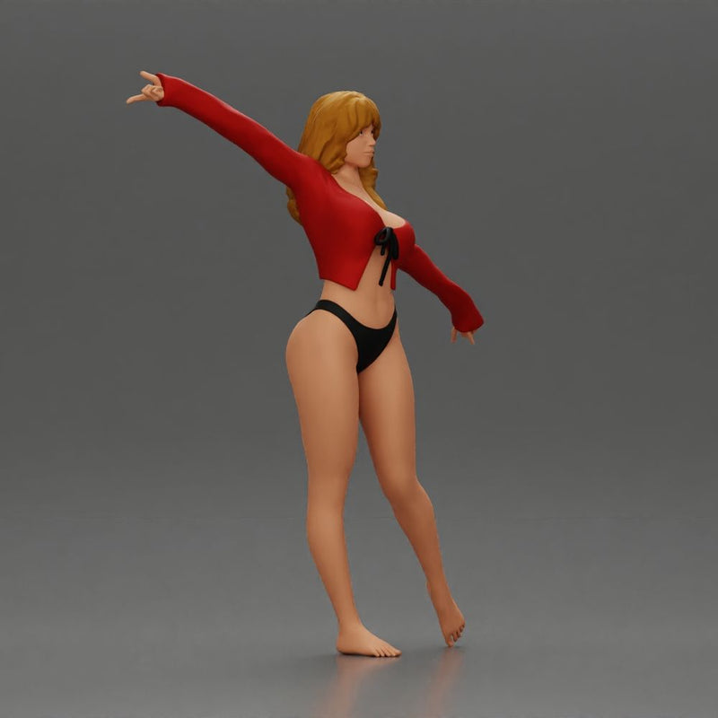 Golden dancer spins gracefully wearing red top and black bikini - Only-Games