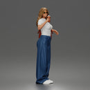 Standing Drinking In Tee Wide-Leg Jeans Sunglasses Bag And Sneakers
