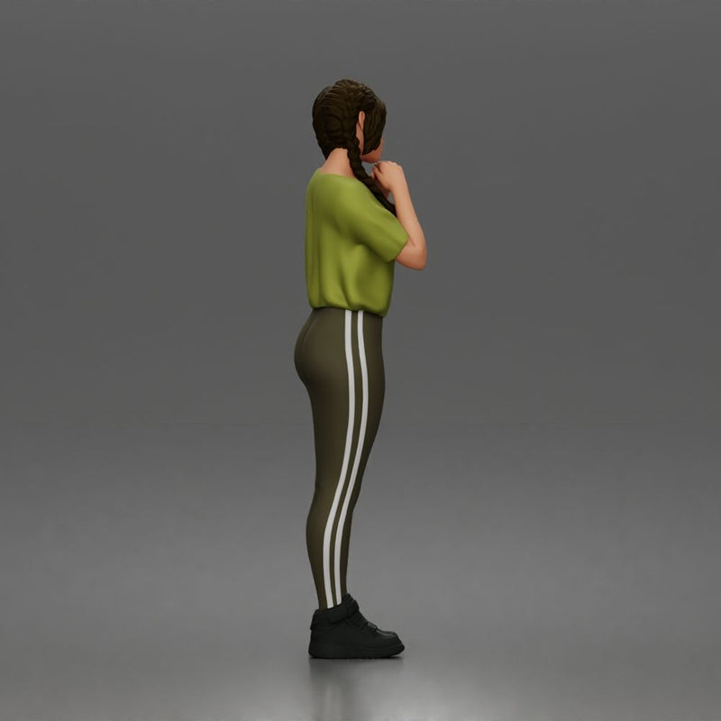 Shy casual woman standing pose in t shirt leggings sneakers - Only-Games