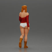 woman walking with purpose wearing red top white shorts brown boots - Only-Games