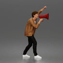 Man Shouting Through Megaphone In Bomber Jacket Tee Trousers Sneakers