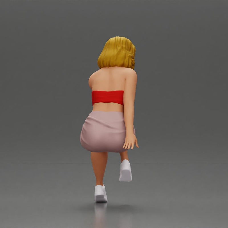 Confident Blonde Woman Sitting Gracefully in Red and Pink - Only-Games