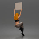 Woman Holding Blank Sign Overhead Seated Pose Crop Top Leggings Thigh High Boots