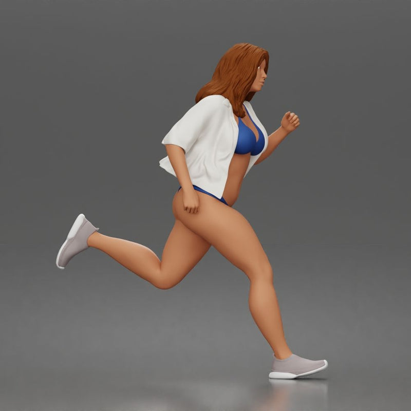 Running woman wearing bikini top and open shirt with sneakers sprinting - Only-Games