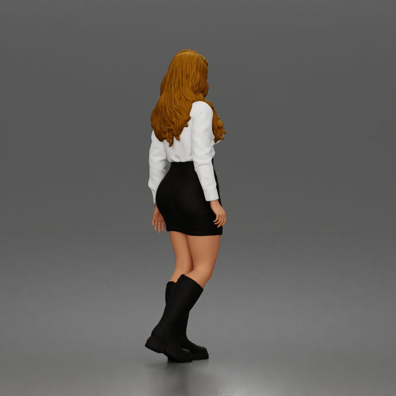 Standing Woman In Collared Shirt Mini Skirt Knee High Boots - Only-Games